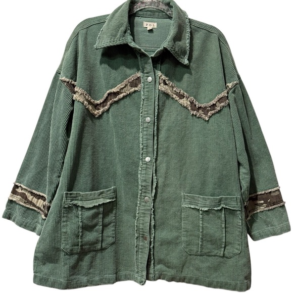 POL Oversized Green Camo Patchwork Corduroy Button Down Shacket / Jacket Small‎